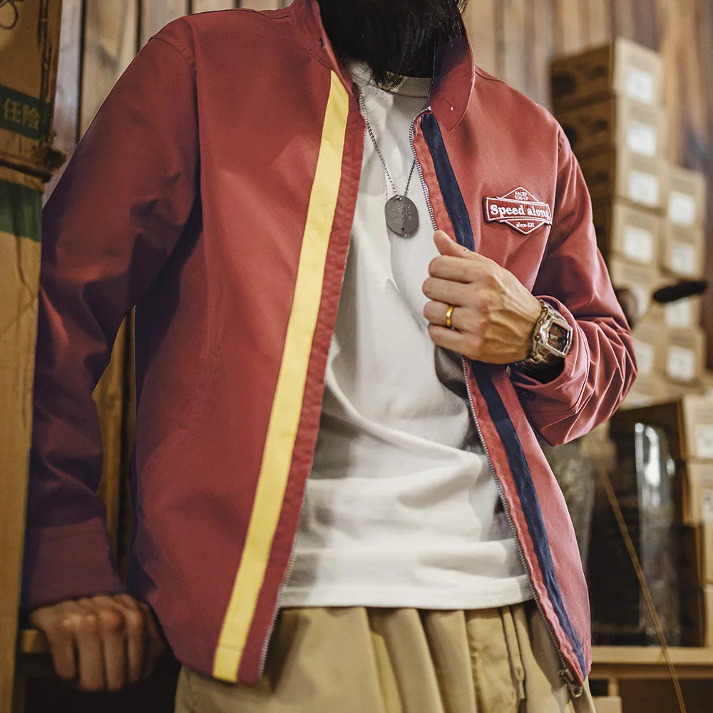 Herren Rennjacke Retro 60er Jahre Stehkragen Reißverschluss Sportlich Lässig
