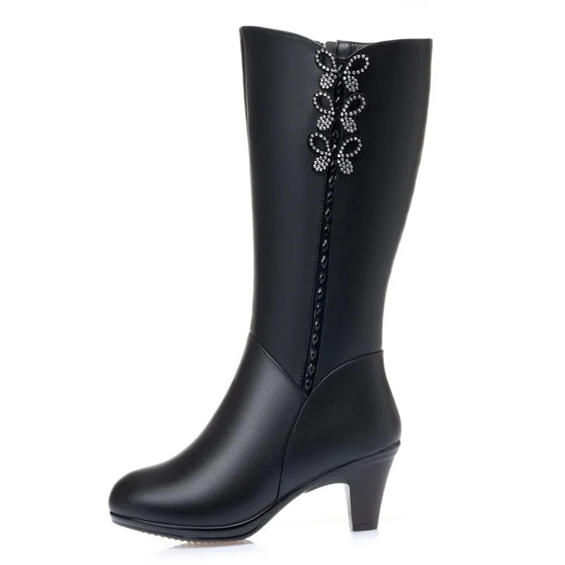 AIYUQI Women High Boots Shiny 2025 New Genuine Leather Wool Warm Women Winter Boots High Heel Fashion Office Boots Women