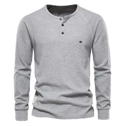 Herren Langarm Waffel Henley T-Shirt in fester Farbe für den Herbst