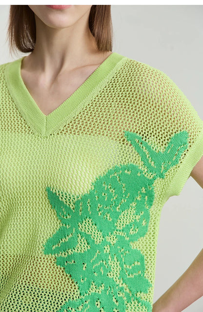 Damen V-Ausschnitt Pullover Viskose Kurzarm Aushöhlung Sommer