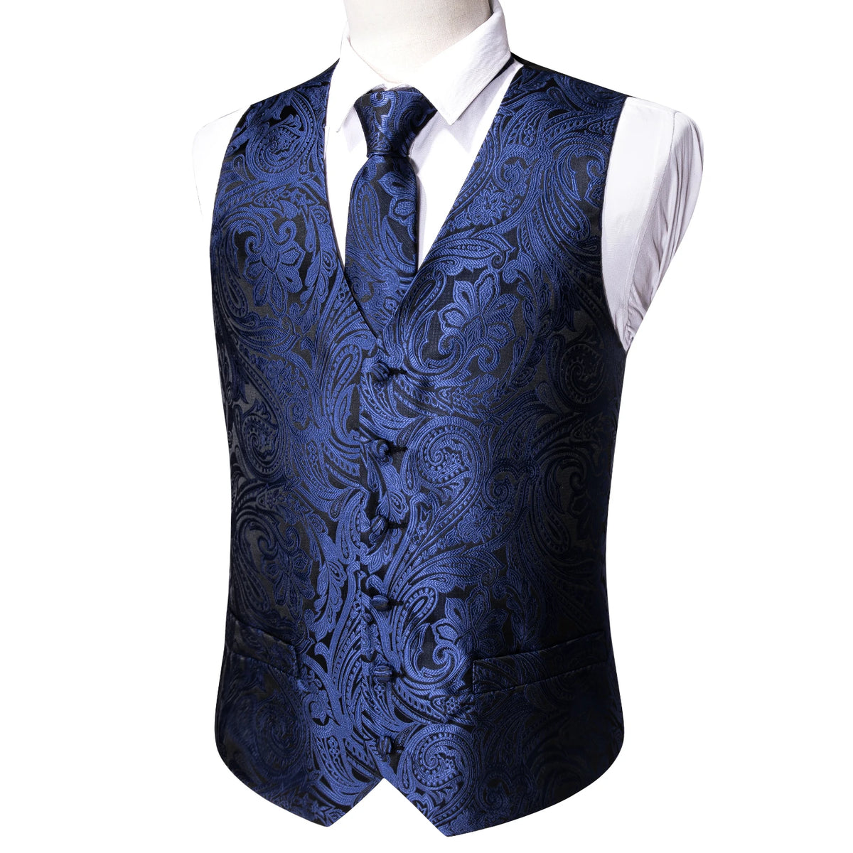 Dunkelblaue Jacquard-Herrenweste mit V-Ausschnitt und Knopfleiste, kombiniert mit Krawatte.