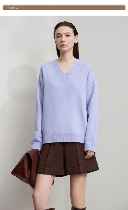 Damen V-Ausschnitt Pullover locker Raglan Wolle-Mix Herbst-Winter