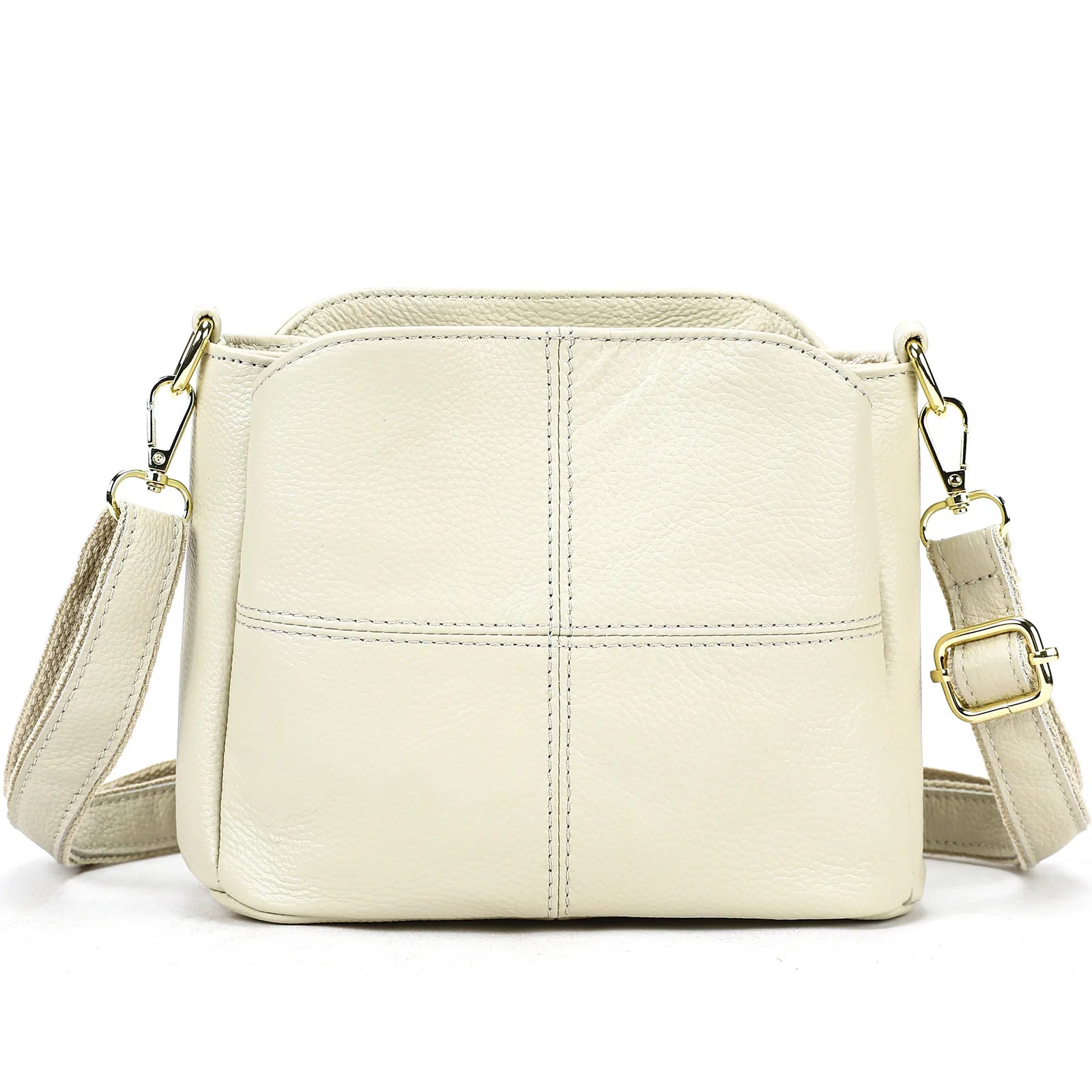 Damen-Schultertasche aus Leder in Hellbeige/Weiß mit Klappdeckel, goldfarbener Hardware und Umhängeriemen