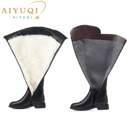 Over The Knee Boots Ladies Winter Wool Warm Genuine Leather Shiny Fashion Ladies Knee Boots Large Size Female Riding Boots