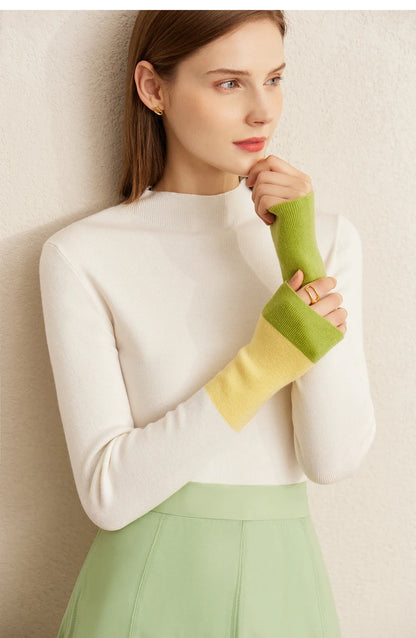 Damen-Halbrollkragen-Pullover Slim Farbkontrast Wolle-Mix Winter