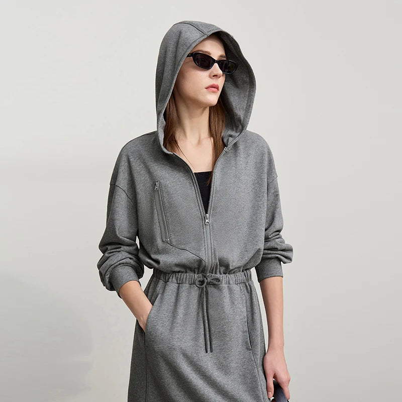 Premium Damen Strickkleid Mit Kapuze Elastische Taille Baumwolle Langarm