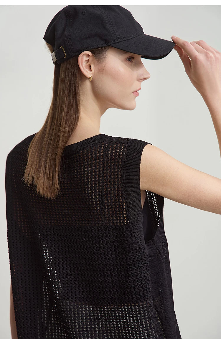 Damen V-Ausschnitt Pullover Viskose ärmellos Lochmuster Sommer