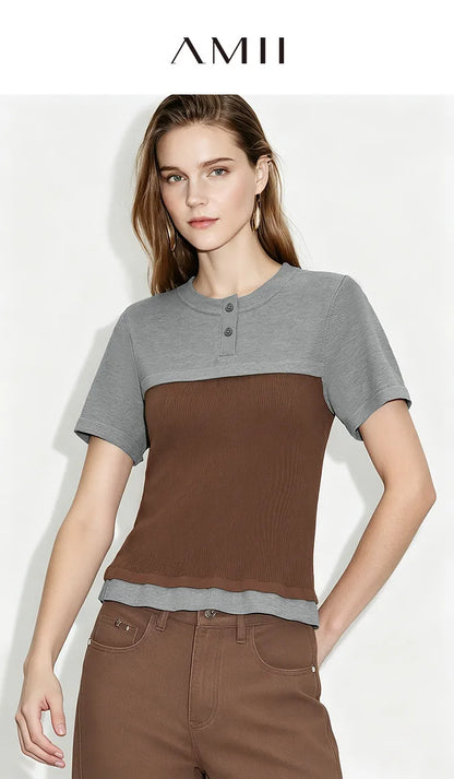 Damen-Rundhalspullover Farbblock Slim Kurzarm Viskose Büro Sommer