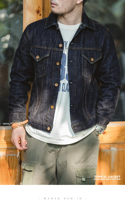 Herren Jeansjacke Vintage 14,8 Unzen Denim Klassisch Slim Fit Mantel