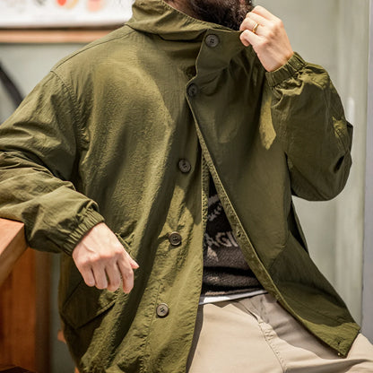 Herren Kapuzenjacke Vintage Einfarbig Dünn Loose Taschen Einzel-Breasted Coat