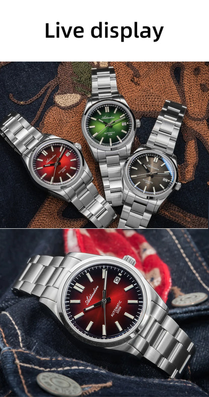 Herren-Vintage-Automatikuhr mit Sunburst-Zifferblatt und gewoelbtem Saphirglas
