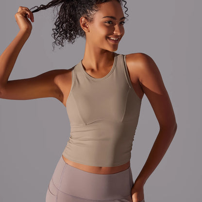 Ärmelloses Yoga-Sporttop in Graubeige mit Rundhalsausschnitt und tailliertem Schnitt
