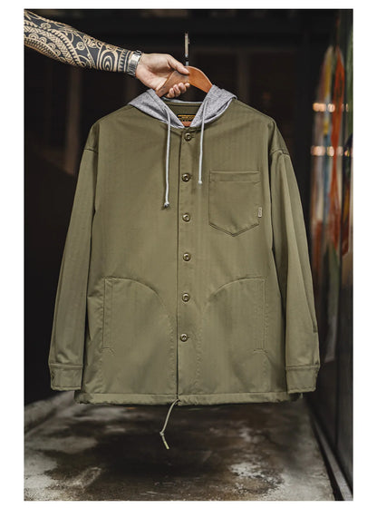 Herren Kapuzenjacke Vintage Patchwork Lässige Oberbekleidung Herbst Chore-Mantel Tasche