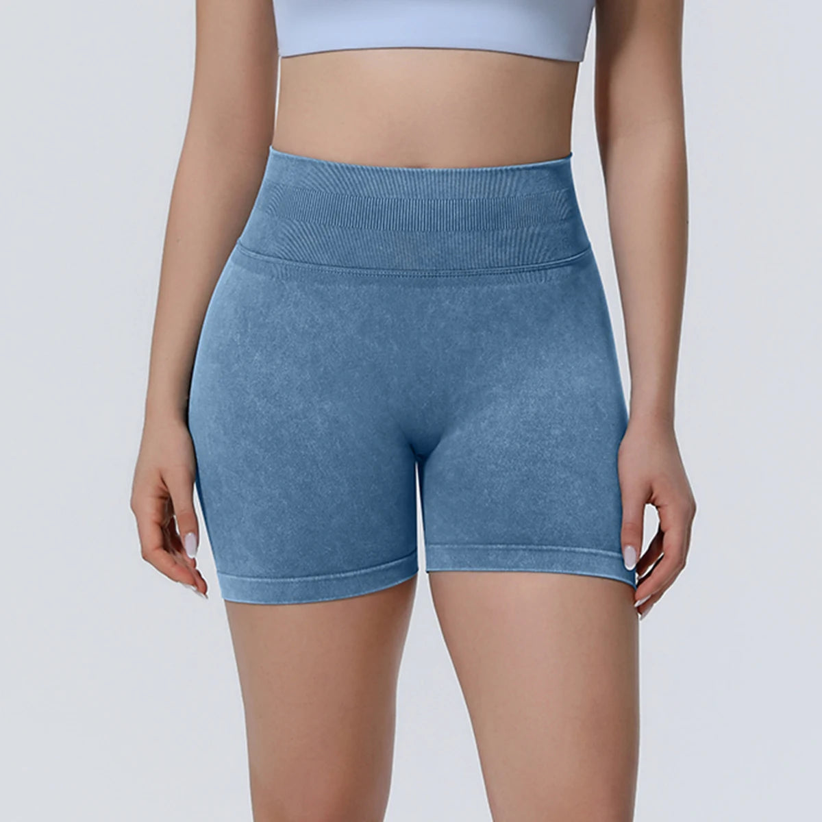 Athlevo nahtlose Yoga-Shorts blau, hoher Bund, körpernaher kurzer Schnitt
