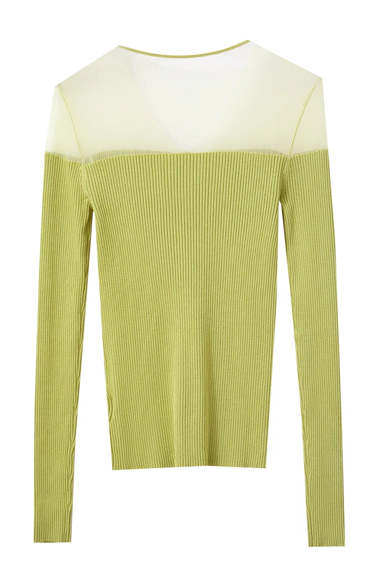 Zweifarbiger Strickpullover für Damen, gerippt, lange Ärmel, Knopfleiste, olivgrün/creme