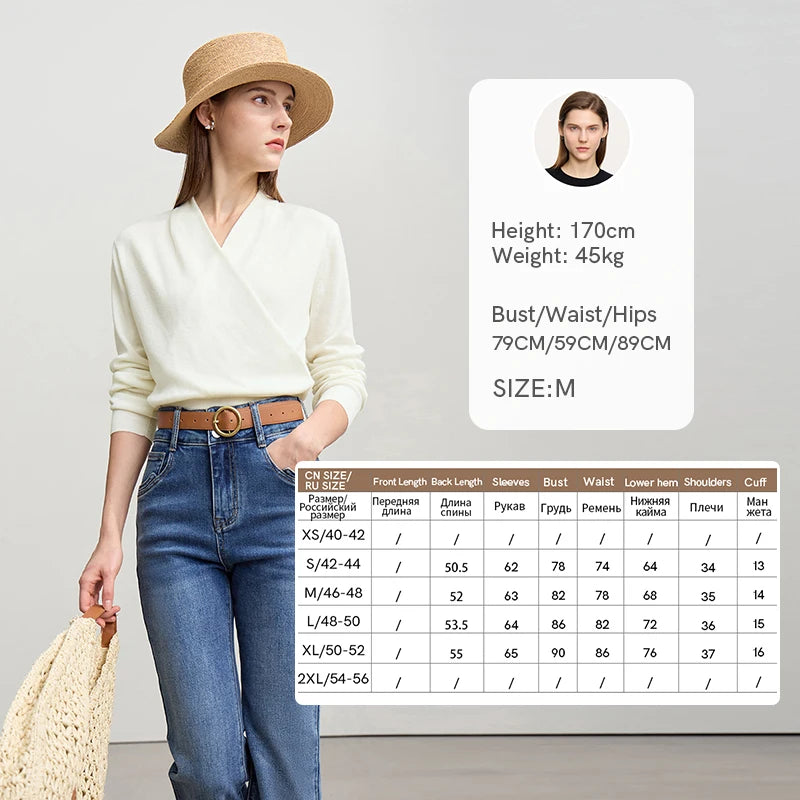 Damenpullover mit V-Ausschnitt, langarmiger Strick in Offwhite mit Wickeloptik