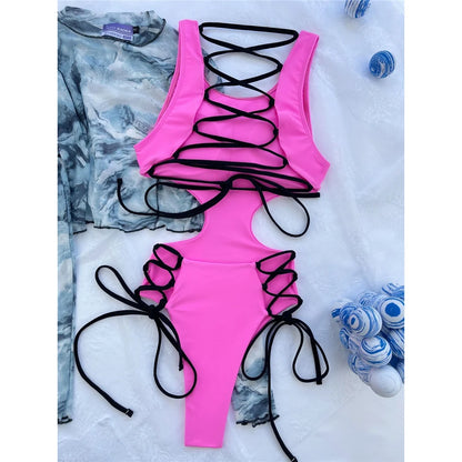 Damen Badeanzug Cut-Out Schnürung Riemen rückenfrei High-Cut 2026