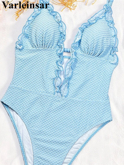 Damen Badeanzug tiefer V-Ausschnitt Neckholder gerüscht hoher Beinausschnitt Monokini