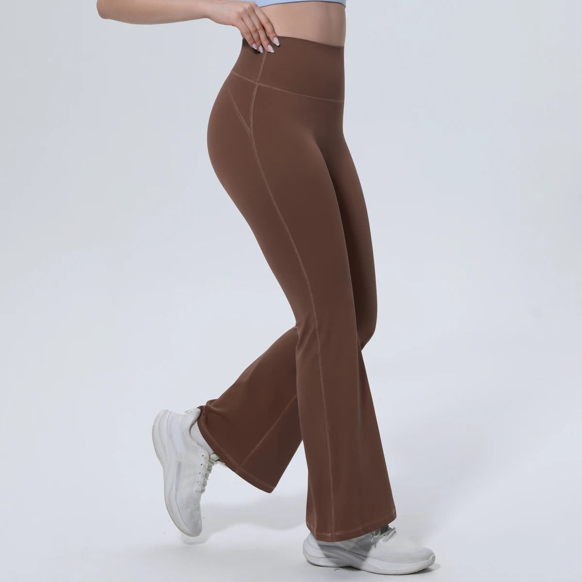 Damen-Yogahose, lang, braun, weit geschnittene Schlaghose für Yoga-Training