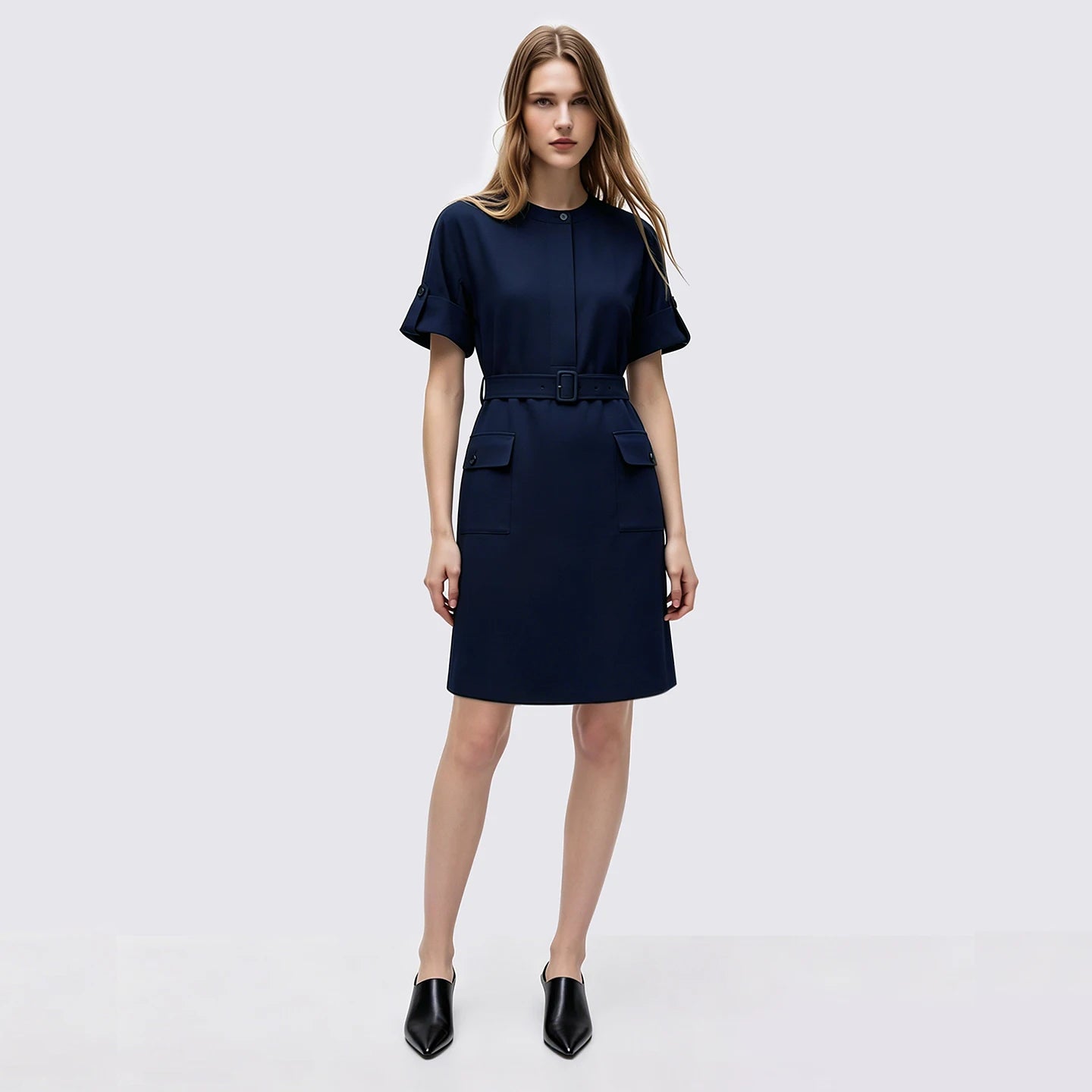 Knitterfreies Elegantes Damenkleid Mit Gurt Für Bürodamen
