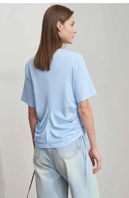 Damen T-Shirt mit solidem V-Ausschnitt und Kordelzug für den Sommer