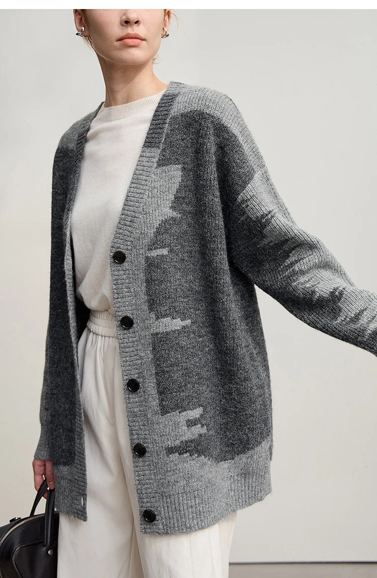 Damen V-Ausschnitt Cardigan lang Patchwork Wolle-Mix Winter