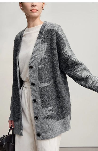 Damen V-Ausschnitt Cardigan lang Patchwork Wolle-Mix Winter