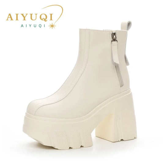 Damen High Heel Stiefel aus echtem Leder mit quadratischem Absatz und Plattform