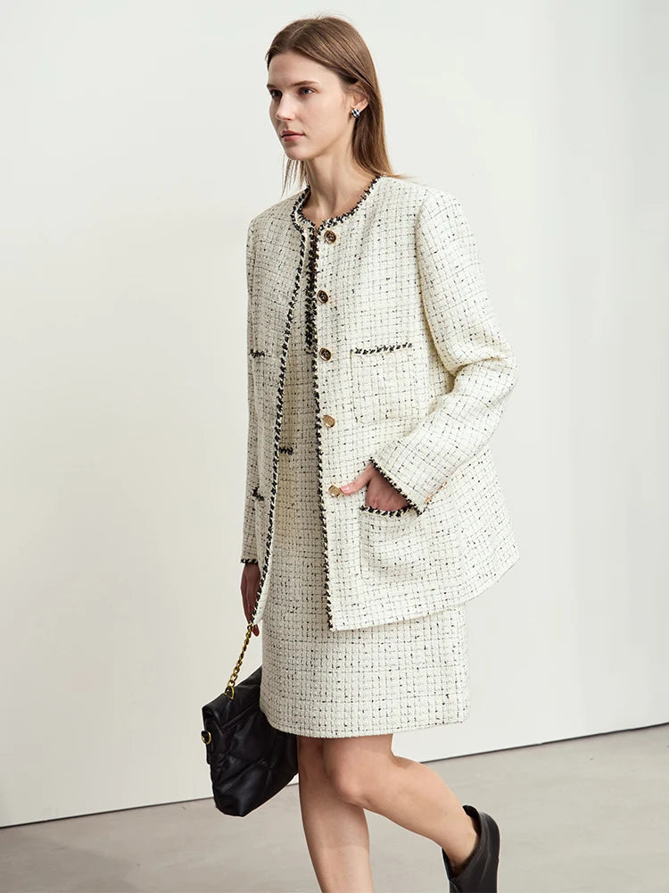 Damen eleganter Tweed-Wollmantel mit Schulterpolstern und lockerer Passform