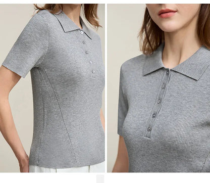Damen-Strickpullover mit kurzärmeligem Polokragen, hellgrau, Knopfleiste