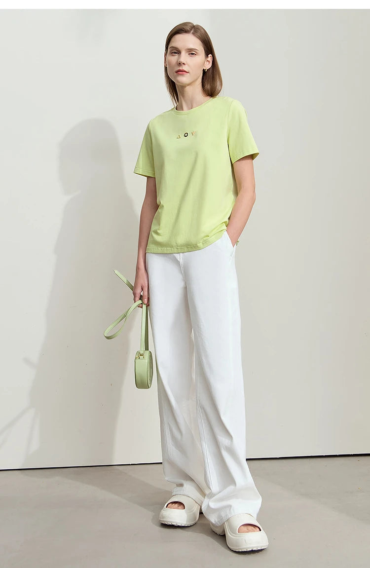 Damen T-Shirt mit O-Ausschnitt und geometrischer Dekoration aus antibakterieller Baumwolle