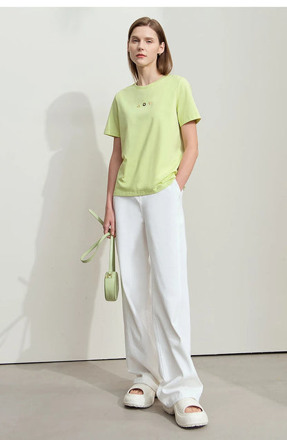 Damen T-Shirt mit O-Ausschnitt und geometrischer Dekoration aus antibakterieller Baumwolle