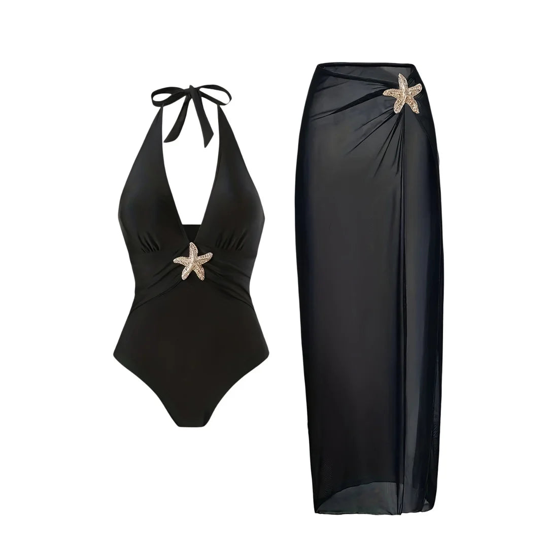Damen Badeanzug Rock tiefer V-Ausschnitt Neckholder Seestern gepolstert Einteiler