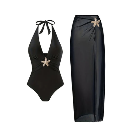 Damen Badeanzug Rock tiefer V-Ausschnitt Neckholder Seestern gepolstert Einteiler