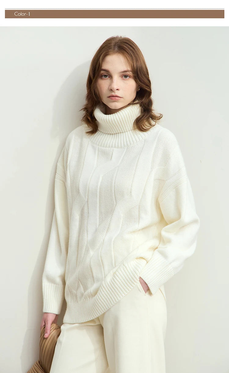 Damen-Rollkragenpullover locker Wolle-Mix lang Winter