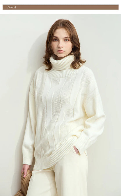 Damen-Rollkragenpullover locker Wolle-Mix lang Winter