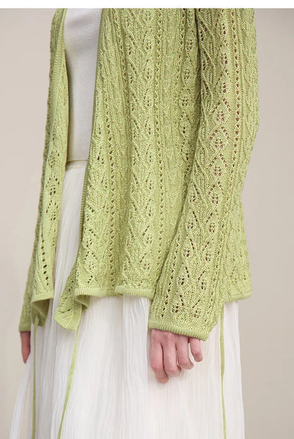 Damen-Strickjacke V-Ausschnitt Wolle Hohlstrick locker Langarm Frühling