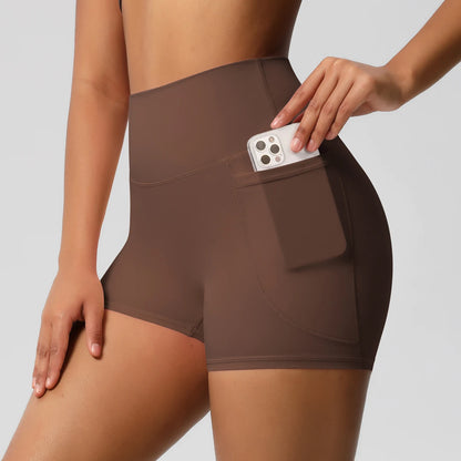 Yogahose Damen mit hoher Taille und Taschen, braun