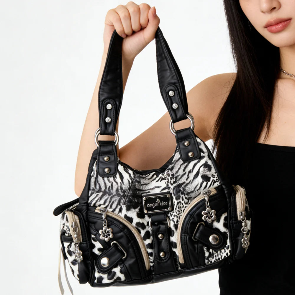 Damen Schultertasche Leopard-Print mit Mehrfachfächern und weichem Oberflächenfinish