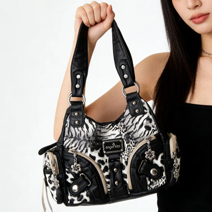 Damen Schultertasche Leopard-Print mit Mehrfachfächern und weichem Oberflächenfinish