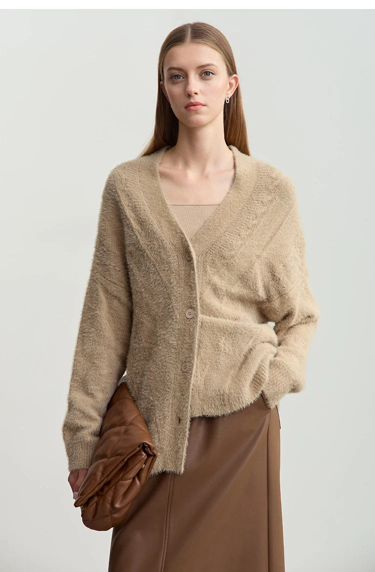 Damen-Strickjacke V-Ausschnitt Nerz-Imitat locker dick Winter