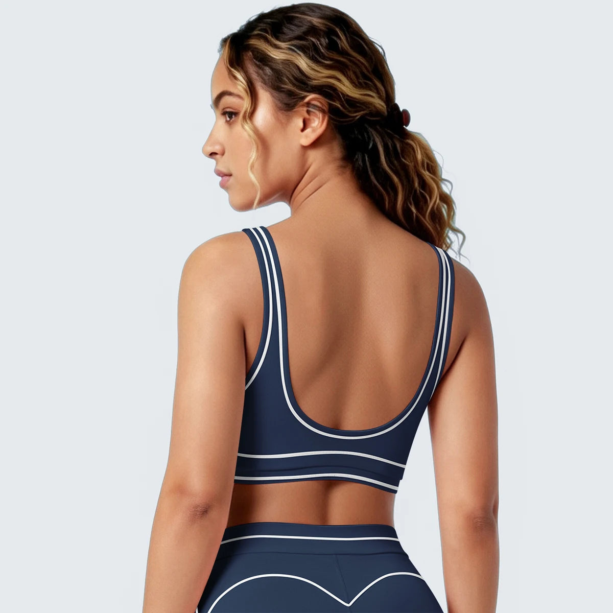 Damen-Yoga-Top mit Racerback, rundem Rückenausschnitt, blaugrau mit hellen Kontrastkanten