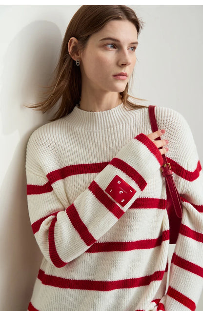 Damen-Strickjacke Streifen Stehkragen Kontrastfarben locker Weihnachten Winter