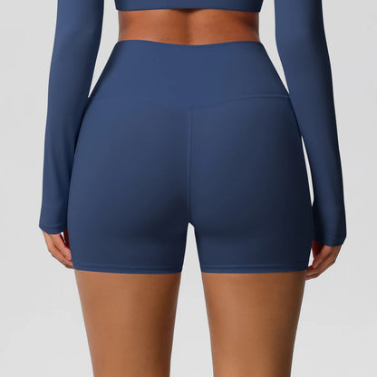 Hamidou Yogashorts für Frauen in Dunkelblau, Rückansicht mit mittiger Naht am Bein.
