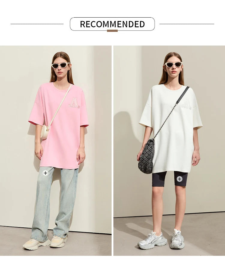 Damen Rundhals-T-Shirt im minimalistischen Stil mit lässiger Stickerei und kurzen Ärmeln