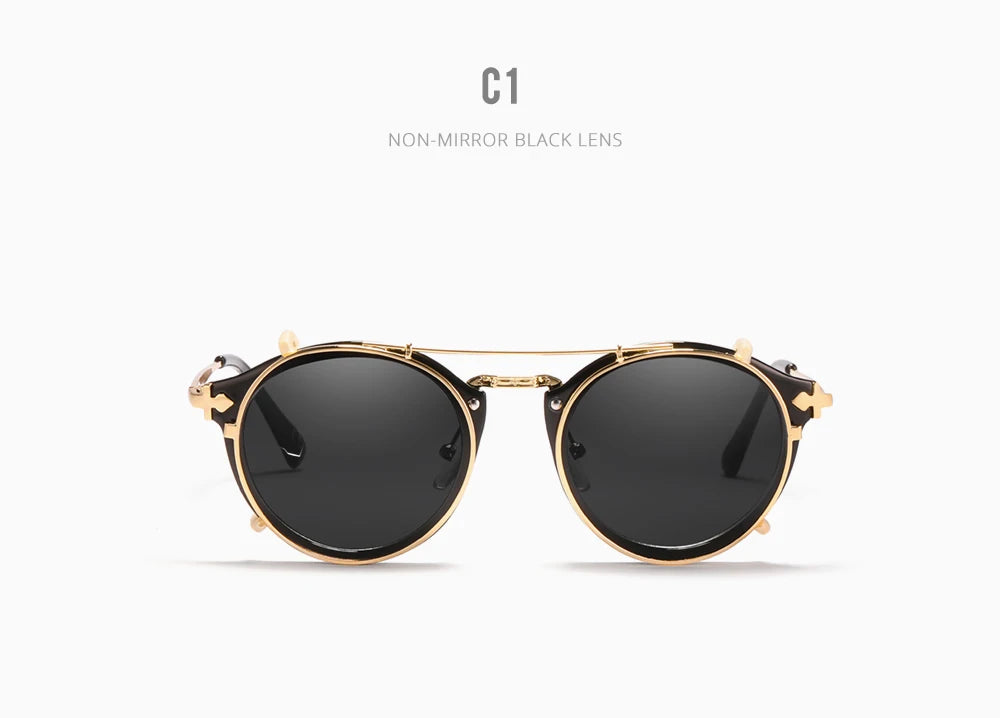 Sonnenbrille rund Steampunk Clip-On abnehmbar polarisiert Markenbox Herren