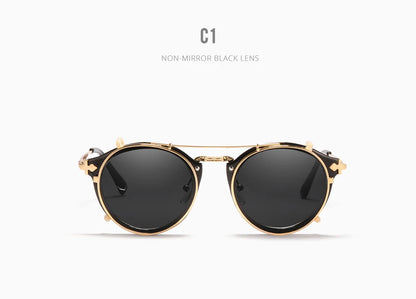 Sonnenbrille rund Steampunk Clip-On abnehmbar polarisiert Markenbox Herren
