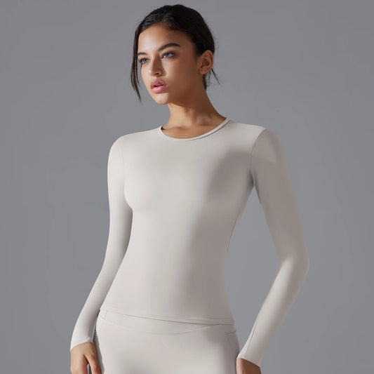 Yoga-Shirt mit langem Arm, eng anliegend, Rundhalsausschnitt, helles Beige