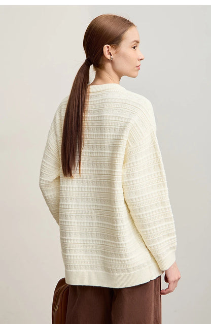 Damen-Pullover Cremeweiß mit Rundhalsausschnitt, Strickmuster, Langarm, Rückansicht