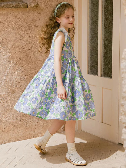 Langärmliges Prinzessinnenkleid aus Gaze in Tiefblau und Rot für Mädchen – Perfekt für Geburtstagsfeiern und Hochzeiten (3-14 Jahre)